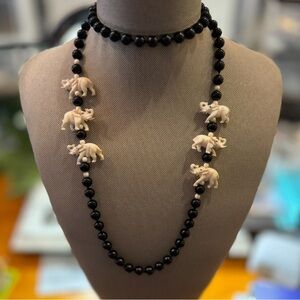 Vintage Ivory Elephant Necklace with Black Onyx. Long beaded necklace